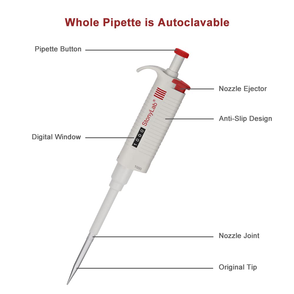 stonylab Controlador de Pipeta Monocanal, Micropipeta de Volumen Variable Ajustable con Cono de Punta Autoclavable, Single Channel Pipette para Investigación de Laboratorio, 100-1000µL