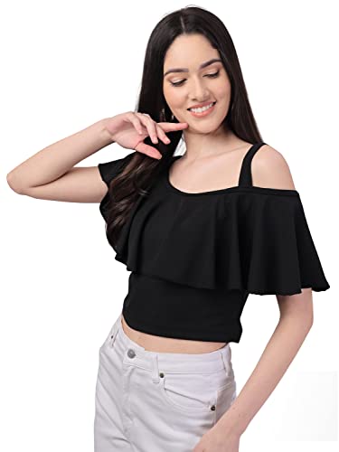 Image of Mehrang Women's Casual Solid Flared Crop Top Round Neck Stretchable Blend for Women /Top for Girls