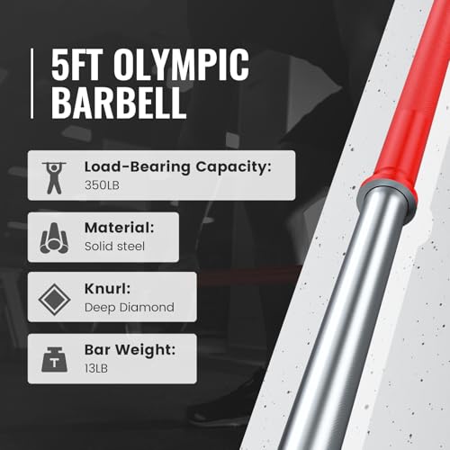 TECHNOAGE 5FT Olympic Barbell for Strength and Weightlifting Training, 1 Inch Olympic Bar Barbell for Squat, Curl, Deadlift, Bench Press, Overhead Press, Hip Thrust, 350LBS Capacity(Red&Silver)