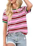 Imily Bela Womens Summer Tops 2026 Striped Color Block Short Puff Sleeve T Shirt Casual Crewneck Loose Basic Tee Hot Pink
