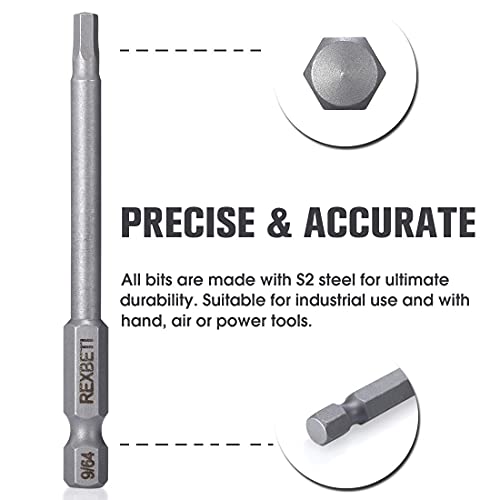 Rexbeti 12 Piece Hex Head Allen Wrench Screwdriver Bit Set, 1/4 Inch Hex Shank S2 Steel Magnetic 3 Inch Long Drill Bits, 1/16-3/8 Inch(Hex Head) #TOP1