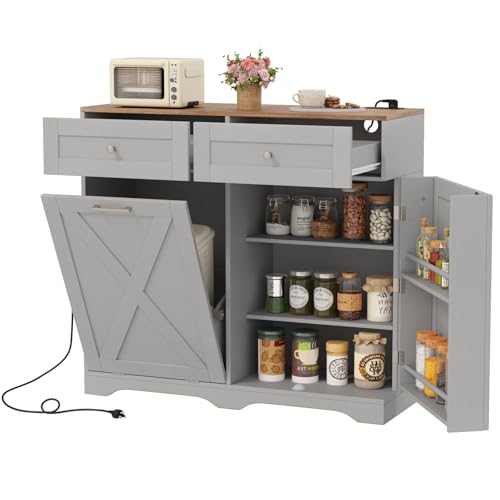 Giantex-Tilt-Out-Trash-Can-Cabinet-925-Gallon-Kitchen-Island-with-Power-Outlet-2-Drawers-Adjustable-Shelves-Hidden-Storage-Garbage-Bin-Cabinet-for-Laundry-Room-Dining-Room-GreyWalnut Giantex Tilt Out Trash Can Cabinet 925 Gallon Kitchen Island with Power Outlet 2 Drawers Adjustable Shelves Hidden Storage Garbage Bin Cabinet for Laundry Room Dining Room GreyWalnut