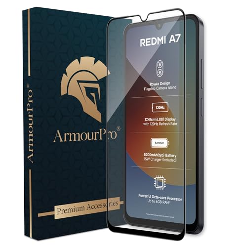 Image of ArmourPro Tempered Glass for Redmi A7-9H Screen Protector with Black Border, Anti Scratch, Edge-to-Edge Coverage, HD Clarity, Smooth Touch, Case Friendly | Black