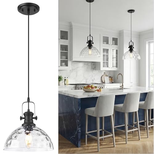 Image of 10.5 inch Black Pendant Light for Kitchen Island, Hammered Glass Shade | Farmhouse Vintage Hanging Light Fixture for Dining Room Entryway, Adjustable Cord, E26 Base, AD-22151-1PL-BK-H