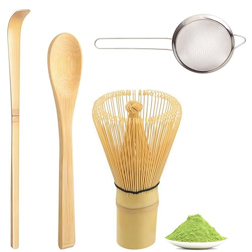 4 Piezas Juego de Batidor para Matcha, Kit de Matcha de Bambú con Batidor, Tamiz de Acero Inoxidable, Cuchara y Cucharón, Utensilios para Ceremonia de Té Matcha, Regalos para Amantes del Té