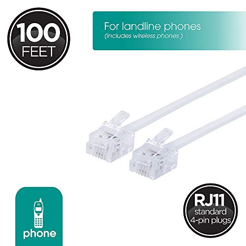 Power Gear Telephone Line Cord, 100 Feet, Phone Cord, Modular Jack Ends, Works For Phone, Modem Or Fax Machine, For Use In Home Or Office, White, 27638 #TOP1