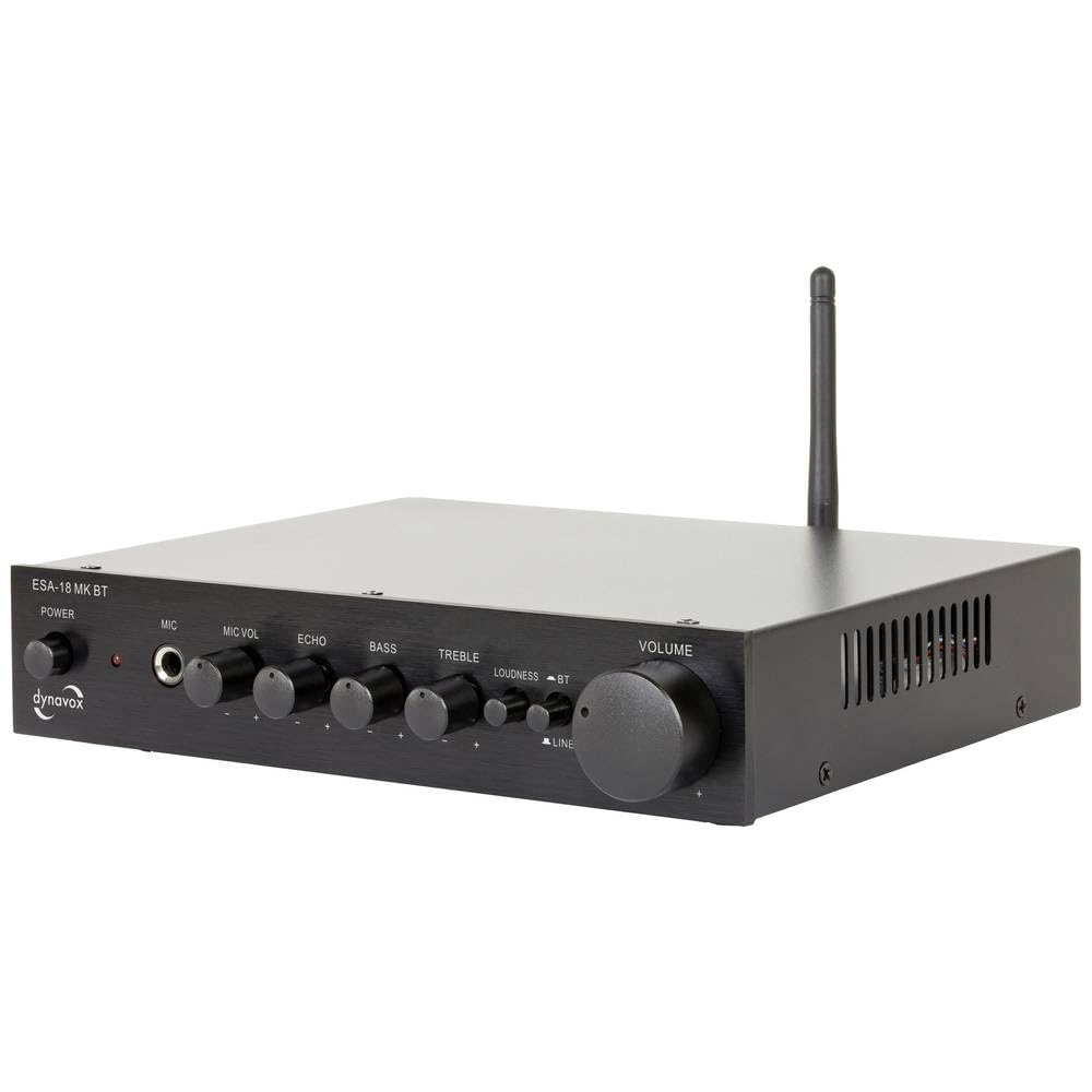 Dynavox ESA-18 MK BT - Amplificatore stereo compatto, terminali di connessione a vite per altoparlanti, antenna BT integrata e ingresso microfono, colore nero