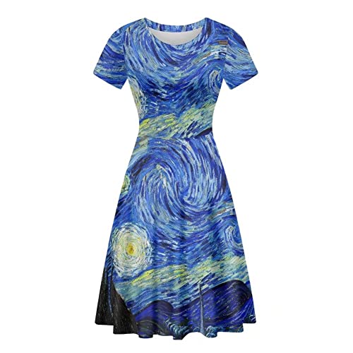 Image of HUGS IDEA Womens Puffy Swing Midi Dress Round Neck Short Sleeve Party A-Line Dresses