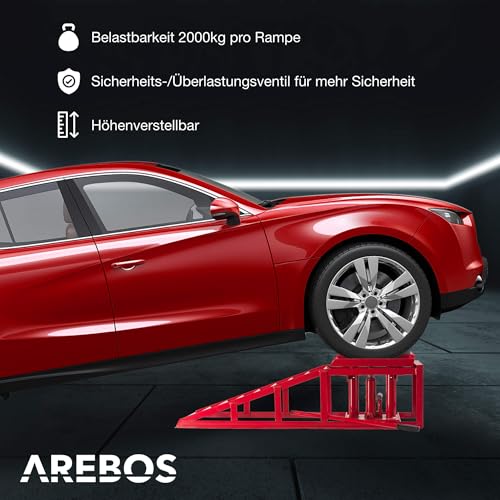 Arebos 2X Auffahrrampe mit hydraulischem Wagenheber | XXL PKW Hebebühne KFZ Rampe 257 mm Auffahrbreite | Auffahrbock Hebeplattform mit Sicherheits-/ Überdruckventil | Höhenverstellbar 2 T | Rot