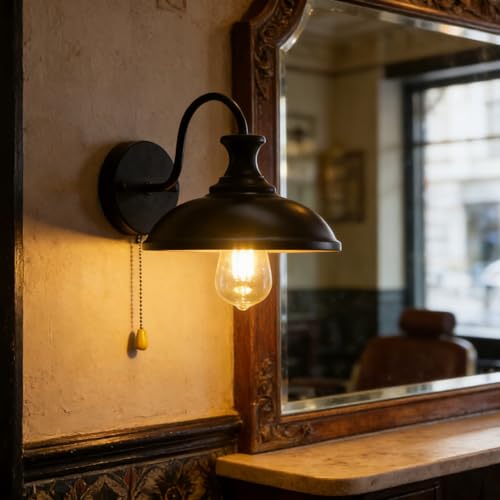 Image of Industrial Black Wall Sconce Light, Vintage 1-Light Switch Farmhouse Wall Lamp, Pull Chain Wall Sconce Lighting for Bedroom Bathroom Kitchen Hallway Living Room (Black 02)