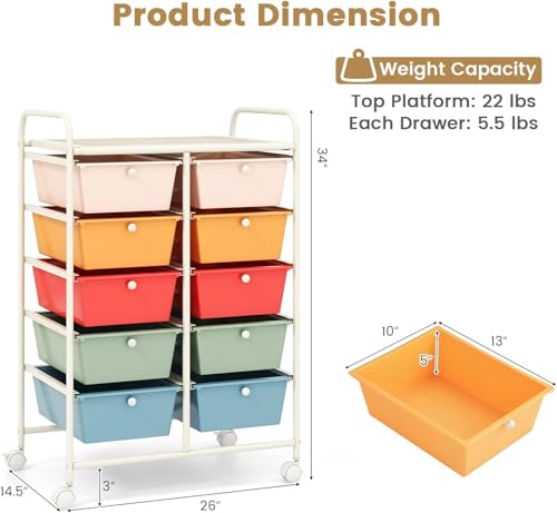 Image of LDAILY 10 Drawer Rolling Cart, Storage Cart Organizer on Wheels, Drawer Cart with Metal Frame & Large Storage Capacity, Rolling Cart with Drawers for Living Room Classroom, Office