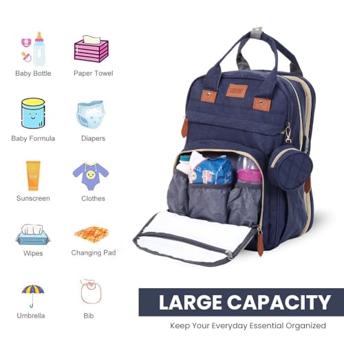 Image of Diaper Bag Backpack with Built-in Changing Station,Large Capacity Waterproof Mummy Bag with Bassinet,Insulated Pockets,Laptop Compartment & Organizer for Baby Essentials Travel,Unisex-Navy Blue