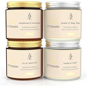 TTRWIN Scented Candles Gift Set, 4 Pack Natural Soy Candles: Jasmine & Ylang Ylang, Sandalwood & Patchouli, Fir & Cedarwood, Vanilla & Amber, Aromatherapy Gift for Christmas Birthday