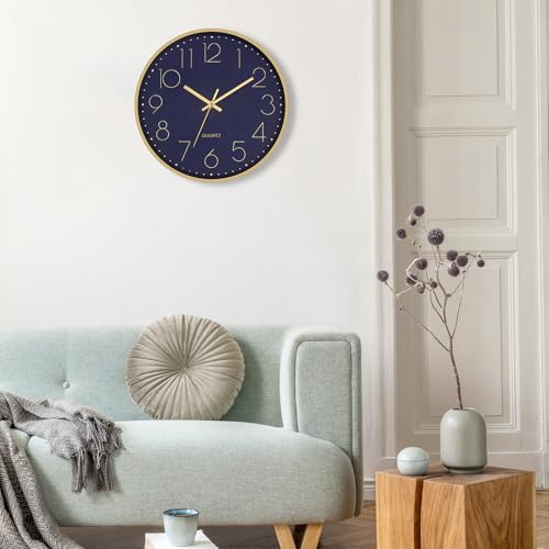 Image of Foxtop 12 inch Modern Wall Clock Silent Battery Operated Metal Gold Clock | Dark Blue Dial, Non-Ticking, Round, Analog Clock, Quartz, Easy to Read, Living Room, Bedroom, Kitchen, Office