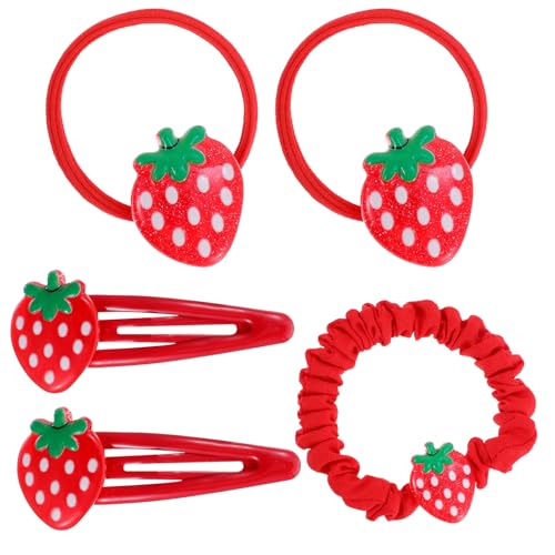 Set 5 piezas pinzas y ligas de pelo fresa rojo miniatura 1