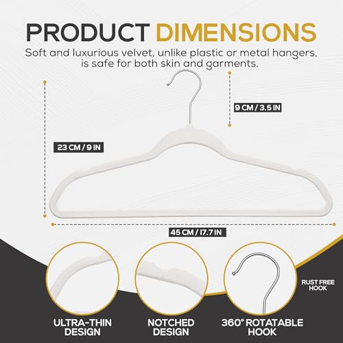 Image of Techzoo Premium Velvet Hangers 50 Pack Ultra Thin Non Slip Adult Felt Space Saving Slim Suit Hanger for Closet Heavy Duty Coat Pants Jackets Dress Hangers 360 Swivel Hook Hold Upto 10 lbs White