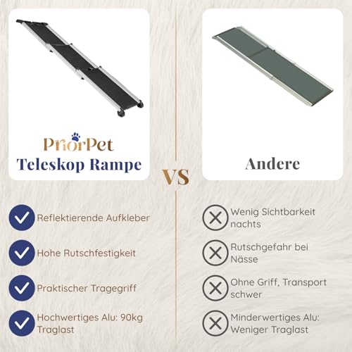Hunderampe Auto Klappbar- Teleskop Alu Rampe für große Hunde - Stabile Hundetreppe Auto & SUV - rutschfest - Reflektierende Seiten - Hundeleiter Auto - 90kg Belastbarkeit - Befestigungsclip - Schwarz