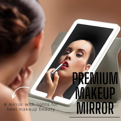 Image of Glaceon Portable Travel Makeup Mirror with Lights, Touch Screen Three Colors Dimmable Lighted Makeup Mirror, 1000 mAh USB Rechargeable Lighted Vanity Mirror (GL-01, 20 X 13.5 X 1 CM)