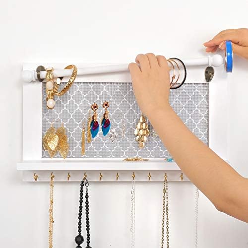 ASHLEYRIVER Wall Mounted White Wood Jewelry Organizer Holder with Hooks Shelf for Hanging Earrings Necklaces Bracelets Other Accessories-White
