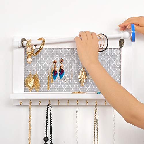 ASHLEYRIVER Wall Mounted White Wood Jewelry Organizer Holder with Hooks Shelf for Hanging Earrings Necklaces Bracelets Other Accessories-White