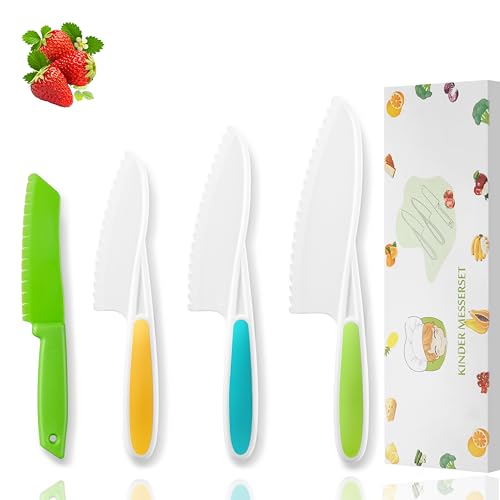 WALAWALA 4PCS Kids Knife Set for Real Cooking BPA Free with Plastic Toddler Play Kitchen Knives with Serrated Teeth Kitchen Safe Knives for Real Cooking and Cutting Fruits and breads