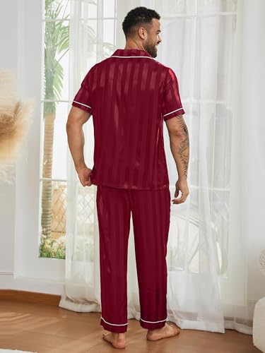 DEARCASE Mens Silk Satin Pajama Set Short Sleeve Sleepwear Wine Red Stripe Medium Classic Lightweight Button Down Loungewear with Long Pants For Father Boyfriend Husband by DEARCASE - Image 4