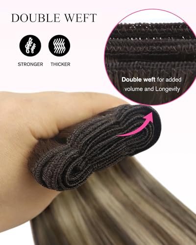 Image of YoungSee Brown Human Hair Extensions Sew in Chocolate Brown with Ash Blonde Balayage Weft Extensions One Piece Sew in Hair Extensions Human Hair for Natural Look 22 Inch 100g