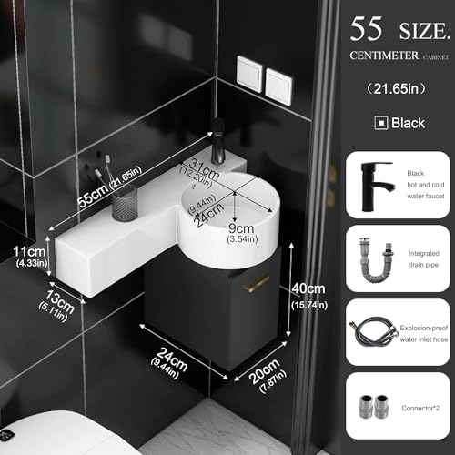 Mueble de baño suspendido negro con lavabo pequeño y grifo para ganar espacio 4