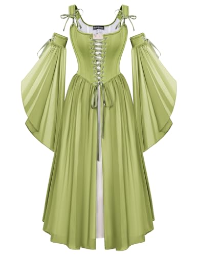 Scarlet Darkness Renaissance Costume Women Fairy Corset Dress Medieval 2 Piece Set Bell Sleeve Cosplay Overdress