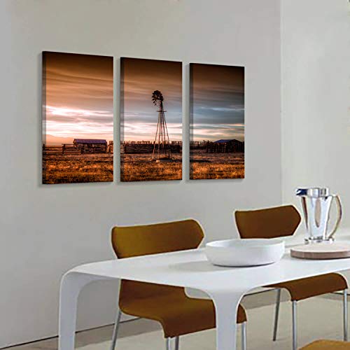 Hardy Gallery Windmill Artwork Rustic Landscape Picture: Farmhouse Painting Wall Art Print On Canvas For Bedroom (16'' X 26'' X 3 Panels) #TOP2