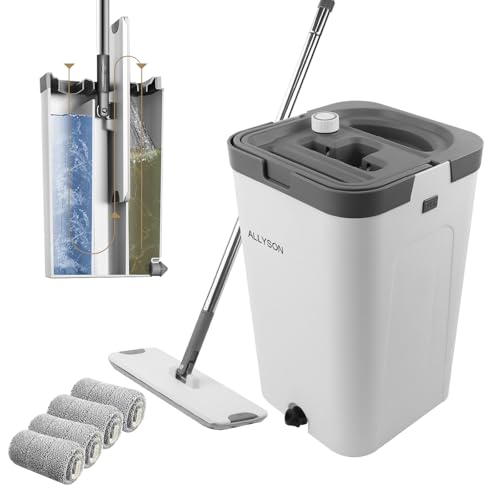 Allyson® Wischmopp Set Bodenwischer inkl. 4 Mops, 3-Kammer Wischmopp Set mit Eimer, Mob Wischer mit Haarentferner und Auswringfunktion - Putzeimer Wischmop für Wohnung Putzen, Mop für Fliesen & Holz
