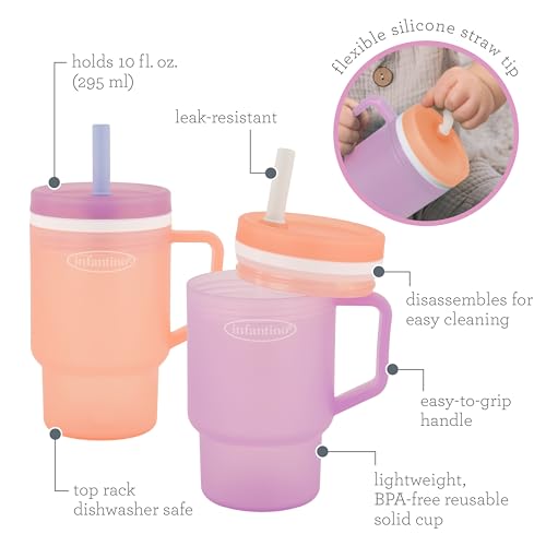 Infantino My 1st Tumbler, 10 Oz. Durable Plastic Sippy Cup with Silicone Leak-Resistant Straw & Handle, for On-the-Go, BPA-Free Transition Cup, Seashell & Lavender, 2-Pack