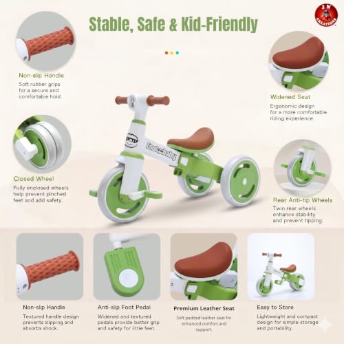 Image of 3-in-1 Toddler Tricycle | Slide, Pedal & Balance Bike for Kids | Leather Seat, Silent Wheels & Sturdy Frame | Ideal for 10 Months to 3 Years (Green)