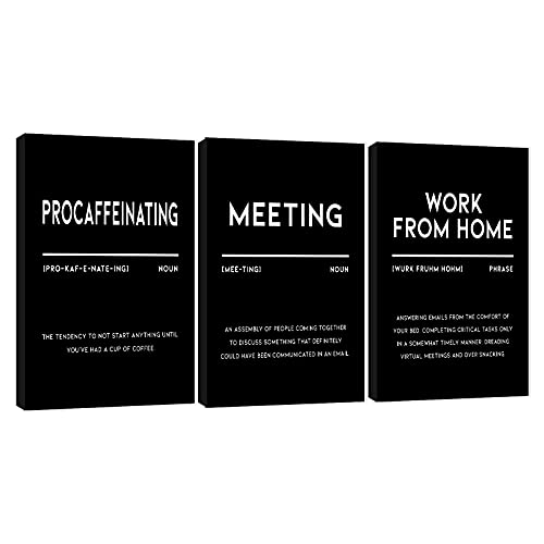 3 Piece Inspirational Canvas Wall Art, Quotes "Procaffeinating - Meeting - Work From Home" Motivational Print Pictures, Triptych Entrepreneur Poster Framed Artwork for Men Women Room Decor(72"Wx36" H)