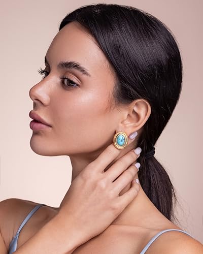 Gold Medium Oval Button Chunky Statement Earrings for Women by SNGIA, (Turquoise, Carnelian, Aventurine, Amethyst, Malachite, Cat Eye, White, Cream) Bold Handmade Colored (Red, Blue, Green, White, Cream, Purple) Exaggerated Dome Retro Rounded Button Trendy Bohemian Gemstone Stud Jewelry Gifts, Unique Vintage Baroque Stone Summer Beach Fashion Earrings Accessories, Round Thick Circular Nickle Free Huggies Earrings.2