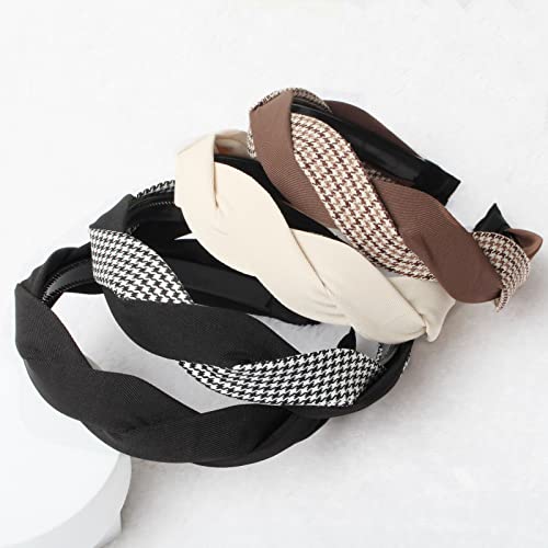 4PCS Braided Headbands for Women Wide Twisted Knotted Headband Weaving Shape Headband Houndstooth Print Hairband Hair Hoop Hair Accessories