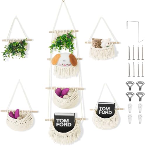 4 Tier Hanging Fruit Basket for Kitchen, Beige Boho Cotton