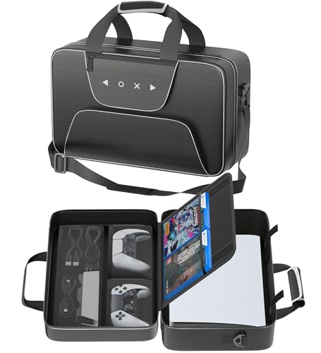 Gersker Sac de Transport PS 5 Compatible avec PS 5/Slim/Pro Digital & Disc, Étui de Voyage PS-5 avec Plusieurs Poches, Protège Les Écouteurs, Les Manettes et Les Accessoires de Jeu (Noir+Blanc)