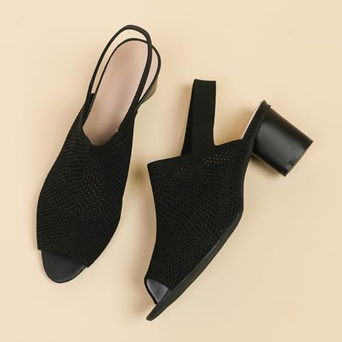 Women's Knit Peep Toe Chunky Block Heeled Sandals with Ankle Strap Fashion Hollow Pointed Toe Elastic Slingback Slip On High Heels Summer Casual Work Office Wedding Dressy Pumps4