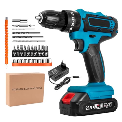 Juego de destornilladores de impacto con batería de 18 V, compatible con batería Makita, taladro con 26 piezas de accesorios, portabrocas de 10 mm, 2 niveles ajustables con batería, taladro de luz LED