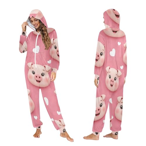Pijama de cerdo rosa para adultos de forro polar contra el frío en casa con bolsillos 5