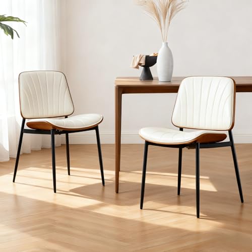 Ya-Home Chaise de Salle à Manger en Cuir PU Lot de 2 Chaise Rembourrée Scandinave sans Accoudoirs Chaise de Cuisine avec Pieds en Métal, Blanc