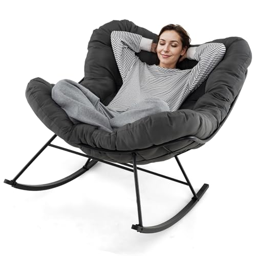 COSTWAY Fauteuil a Bascule d'Intérieur et d'Extérieur, Chaise Papasan Surdimensionnée avec Coussin Rembourré, Cadre en Métal, Fauteuil Œuf pour Salon, Patio, Capacité 205 kg (Anthracite)