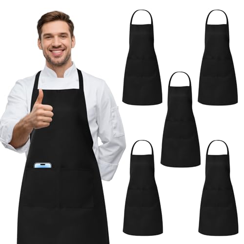 Xumann 5 Pcs Black Chef Apron with Pockets Waterproof Adjustable Cooking Kitchen Aprons for Men Women