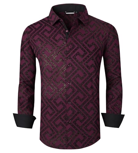 Alex Vando Mens Flocking Dress Shirts Iron-Free Regular Fit Party Button Down Shirt,Wine,XL