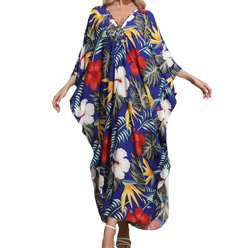 Woxscury Women Kaftan Plus Size V-Neck Batwing Sleeves Beach Cover Up 2025 Summer Floral Print Caftan Dress