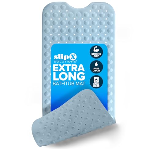 SlipX Solutions Power Grip Extra Long Bath Tub & Shower Mat 39x16, Wet Floor Non-Slip for Elderly & Kids Bathroom, 30% Longer Bathtub Mats, 200 Suction Cups, Drain Holes (1, Gray)