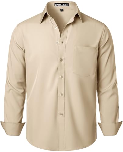 PARKLEES Men's Regular Fit Dress Shirt Solid Wrinkle-Free Long Sleeve Casual Business Button Up Shirts with Pocket ZSSCL05-Khaki Large