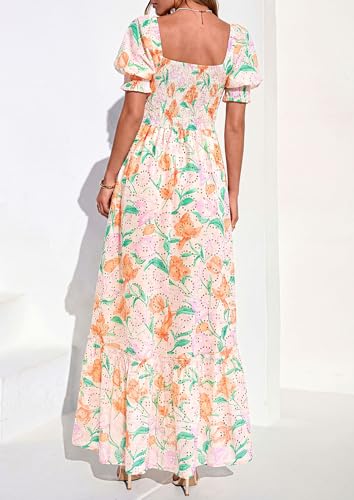 PRETTYGARDEN Women's Floral Boho Maxi Dresses Flowy Short Sleeve A Line Smocked Eyelet 2026 Summer Beach Vacation Clothes (Floral Apricot Multicolored,Small) — view 4
