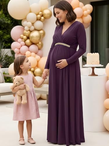 Image of KOH KOH Womens Maternity Long Sleeve V-Neck Flowy Winter Maxi Dress Gown